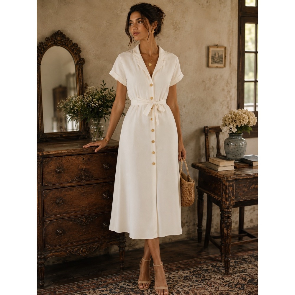Wilfred‎ Aritzia White Button Down Midi Dress Short Sleeve Tie Waist Pockets XS